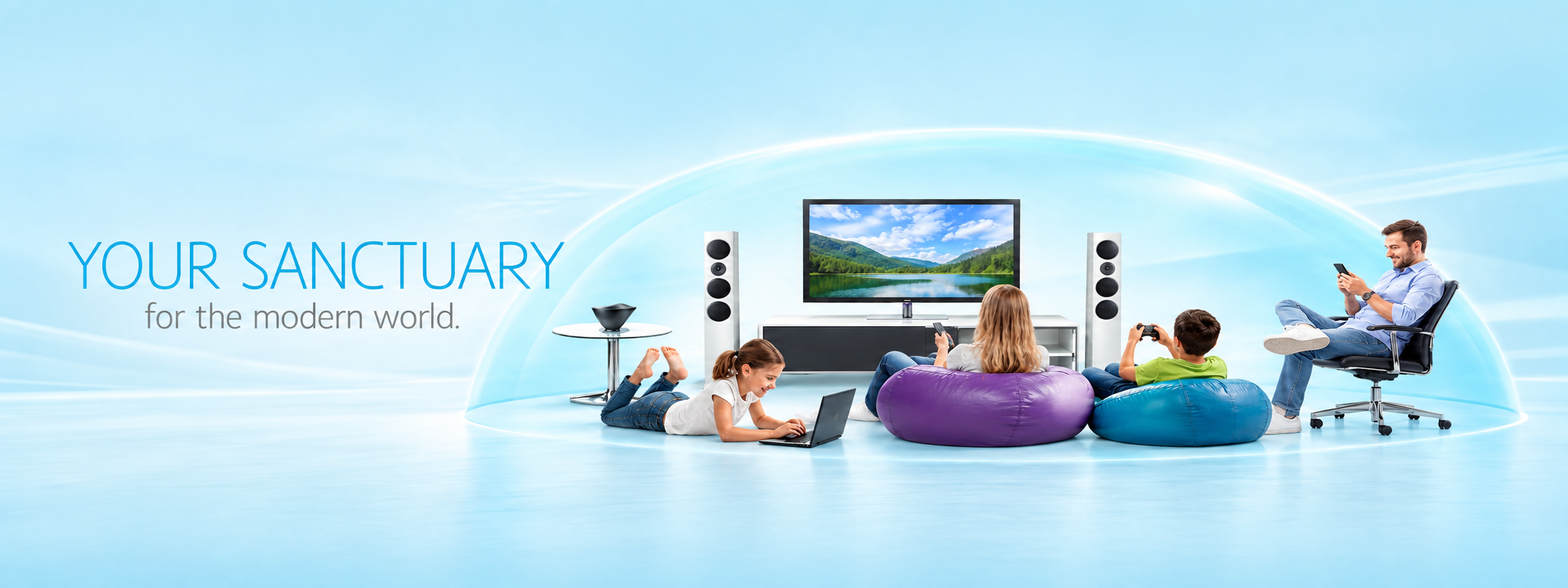 Your sanctuary for the modern world. A family using electronics beneath a translucent turquoise dome.